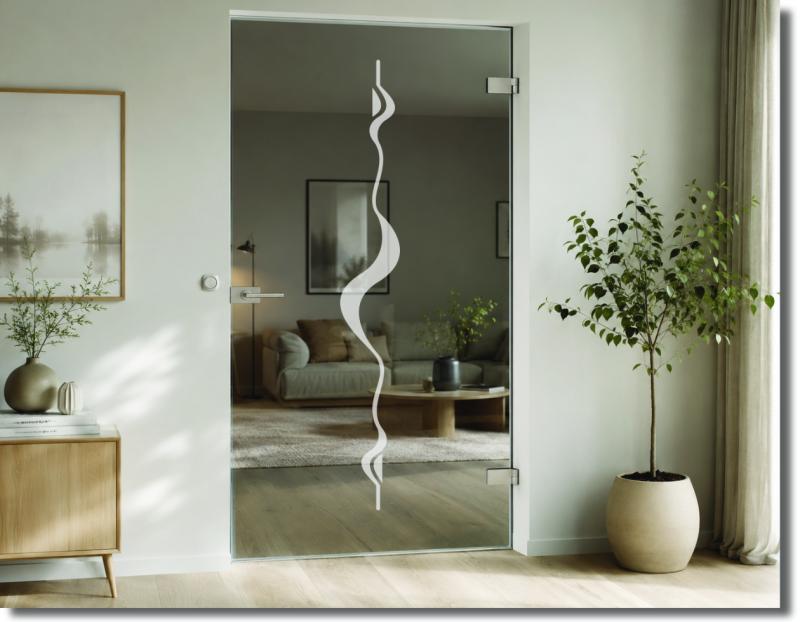 Sichtschutzfolie für Glastüren mit filigranem vertikalem Wellenmotiv, das die Höhe der transparenten Glasfläche optisch betont